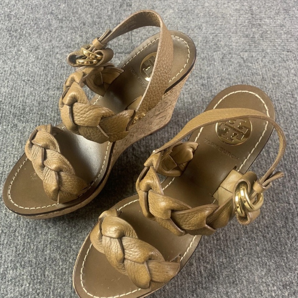 Tory Burch Womens Wedge Braided Leather Strap Sandals Size 7 Tan